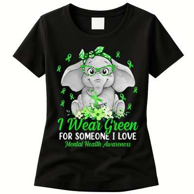 I Wear Green For Mental Health Awareness Ribbon Elephant Womens T-Shirt