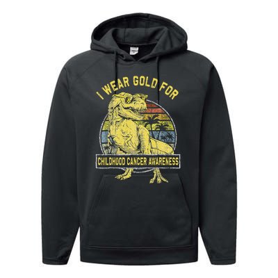 I Wear Gold For Childhood Cancer Awareness Dinosaur Performance Fleece Hoodie