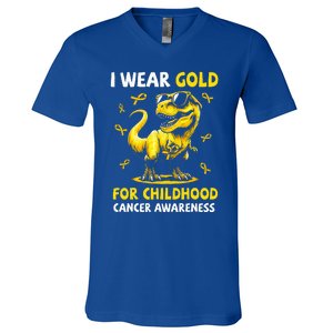 I Wear Gold For Childhood Cancer Awareness Dinosaur V-Neck T-Shirt