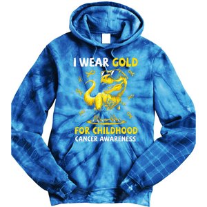 I Wear Gold For Childhood Cancer Awareness Dinosaur Tie Dye Hoodie