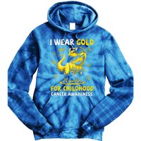 I Wear Gold For Childhood Cancer Awareness Dinosaur Tie Dye Hoodie