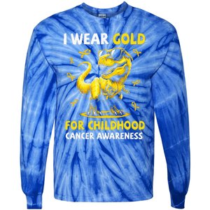 I Wear Gold For Childhood Cancer Awareness Dinosaur Tie-Dye Long Sleeve Shirt