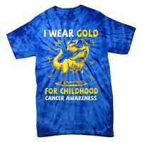 I Wear Gold For Childhood Cancer Awareness Dinosaur Tie-Dye T-Shirt