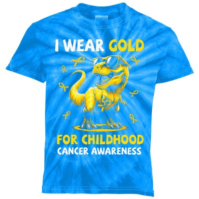 I Wear Gold For Childhood Cancer Awareness Dinosaur Kids Tie-Dye T-Shirt