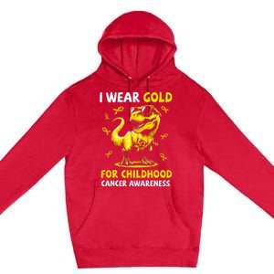 I Wear Gold For Childhood Cancer Awareness Dinosaur Premium Pullover Hoodie