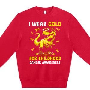 I Wear Gold For Childhood Cancer Awareness Dinosaur Premium Crewneck Sweatshirt