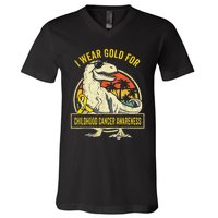 I Wear Gold For Childhood Cancer Awareness Dinosaur V-Neck T-Shirt