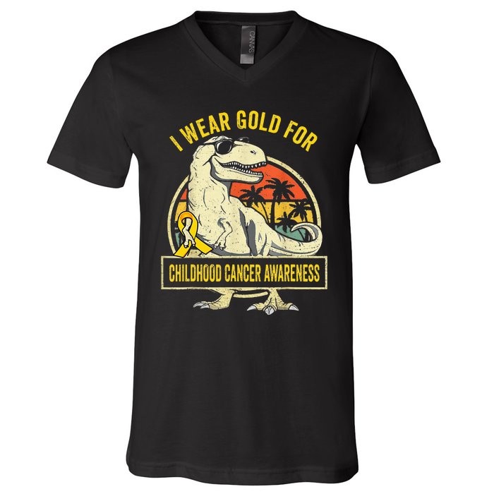 I Wear Gold For Childhood Cancer Awareness Dinosaur V-Neck T-Shirt