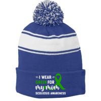 I Wear Green For My Mom Green Ribbon Scoliosis Awareness Funny Gift Stripe Pom Pom Beanie