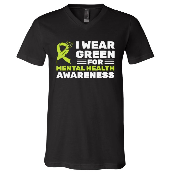 I Wear Green For Mental Health Awareness Month Green Ribbon V-Neck T-Shirt