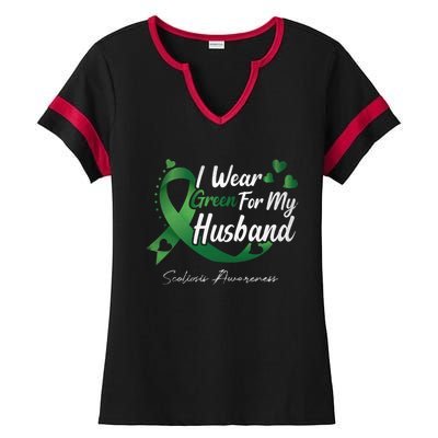 I Wear Green For My Husband Scoliosis Awareness Gift Ladies Halftime Notch Neck Tee