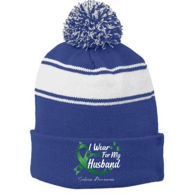 I Wear Green For My Husband Scoliosis Awareness Gift Stripe Pom Pom Beanie