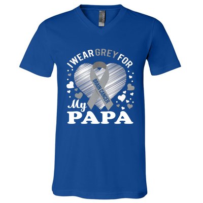 I Wear Grey For My Papa Cute Gift Brain Cancer Awareness Cool Gift V-Neck T-Shirt