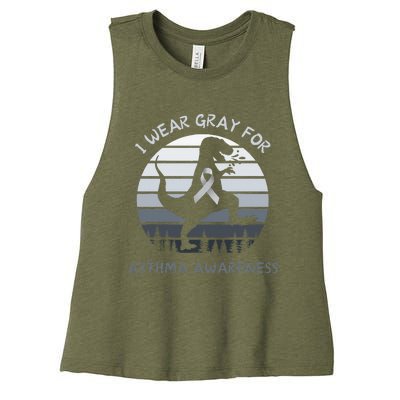 I Wear Gray For Asthma Awareness Trex Retro Sunset Women's Racerback Cropped Tank