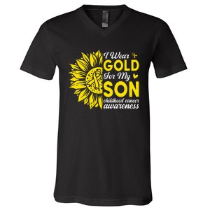 I Wear Gold For My Son Childhood Cancer Awareness V-Neck T-Shirt