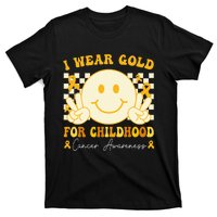 I Wear Gold For Childhood Cancer Awareness Boy Kids Groovy T-Shirt