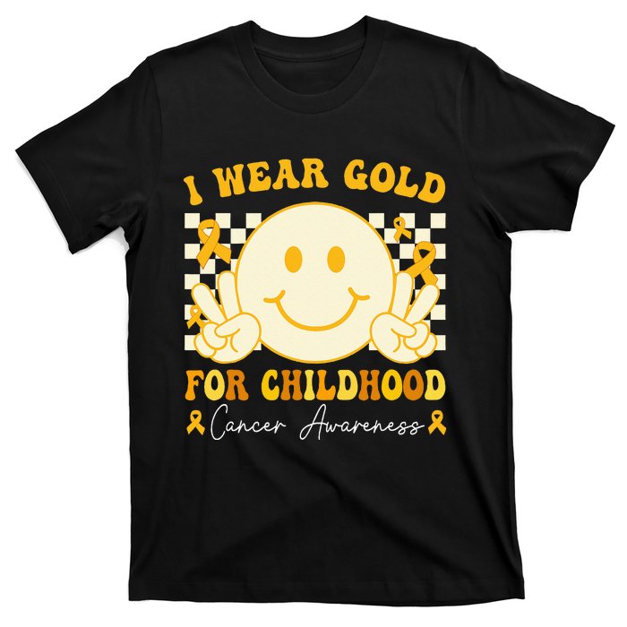 I Wear Gold For Childhood Cancer Awareness Boy Kids Groovy T-Shirt