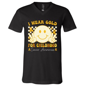 I Wear Gold For Childhood Cancer Awareness Boy Kids Groovy V-Neck T-Shirt