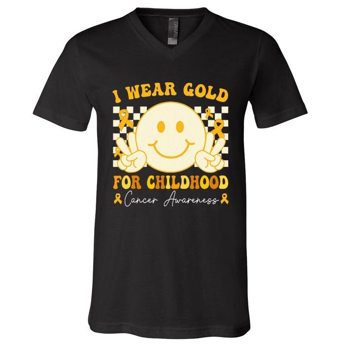 I Wear Gold For Childhood Cancer Awareness Boy Kids Groovy V-Neck T-Shirt