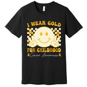 I Wear Gold For Childhood Cancer Awareness Boy Kids Groovy Premium T-Shirt