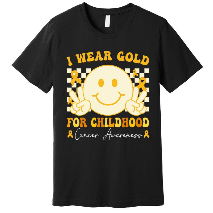 I Wear Gold For Childhood Cancer Awareness Boy Kids Groovy Premium T-Shirt