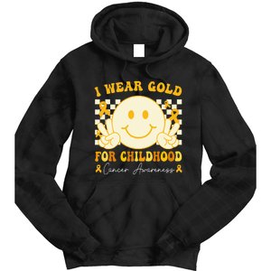 I Wear Gold For Childhood Cancer Awareness Boy Kids Groovy Tie Dye Hoodie