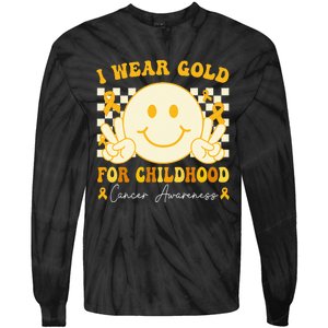 I Wear Gold For Childhood Cancer Awareness Boy Kids Groovy Tie-Dye Long Sleeve Shirt