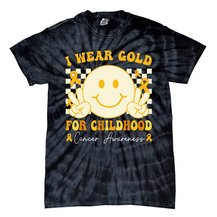 I Wear Gold For Childhood Cancer Awareness Boy Kids Groovy Tie-Dye T-Shirt