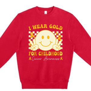 I Wear Gold For Childhood Cancer Awareness Boy Kids Groovy Premium Crewneck Sweatshirt