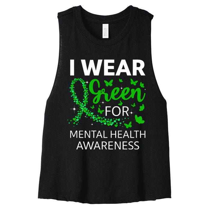 I Wear Green For Mental Health Awareness Women's Racerback Cropped Tank