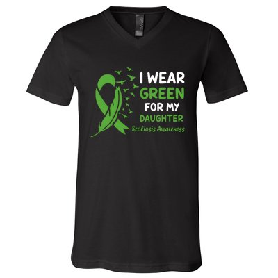 I Wear Green For My Daughter Scoliosis Awareness V-Neck T-Shirt