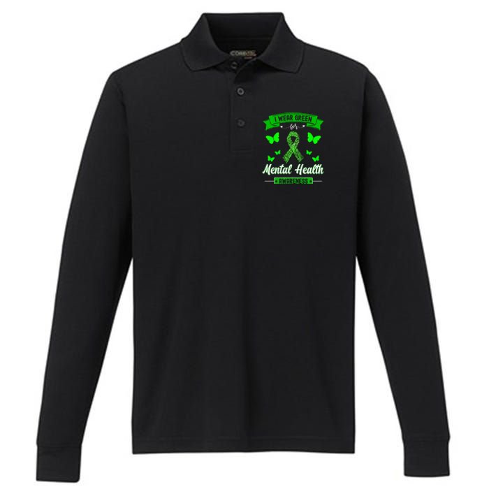 I Wear Green For Mental Health Awareness Ribbon Butterfly Performance Long Sleeve Polo