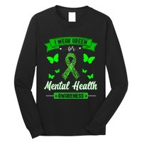 I Wear Green For Mental Health Awareness Ribbon Butterfly Long Sleeve Shirt