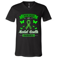 I Wear Green For Mental Health Awareness Ribbon Butterfly V-Neck T-Shirt