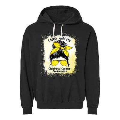 I Wear Gold For Childhood Cancer Awareness Shirts Messy Bun Garment-Dyed Fleece Hoodie