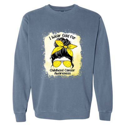 I Wear Gold For Childhood Cancer Awareness Shirts Messy Bun Garment-Dyed Sweatshirt