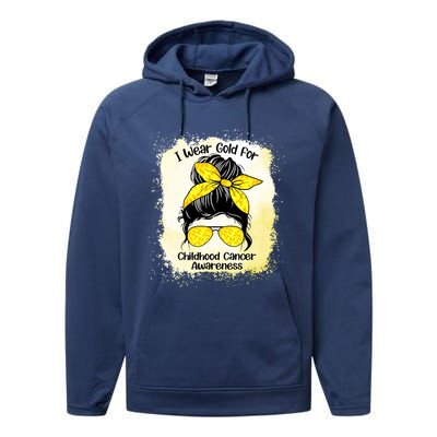 I Wear Gold For Childhood Cancer Awareness Shirts Messy Bun Performance Fleece Hoodie