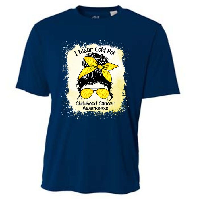 I Wear Gold For Childhood Cancer Awareness Shirts Messy Bun Cooling Performance Crew T-Shirt