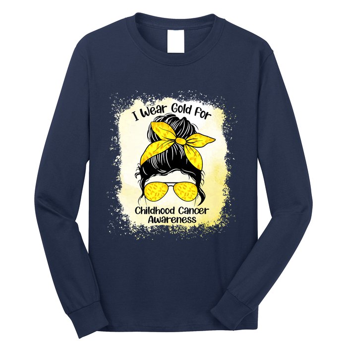 I Wear Gold For Childhood Cancer Awareness Shirts Messy Bun Long Sleeve Shirt