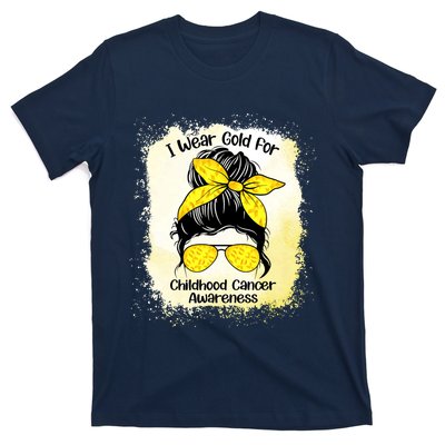 I Wear Gold For Childhood Cancer Awareness Shirts Messy Bun T-Shirt