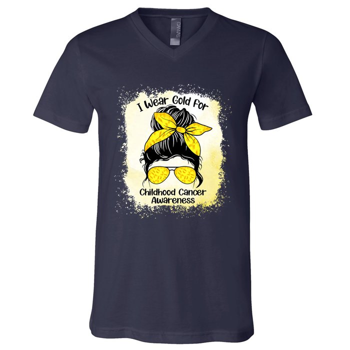 I Wear Gold For Childhood Cancer Awareness Shirts Messy Bun V-Neck T-Shirt