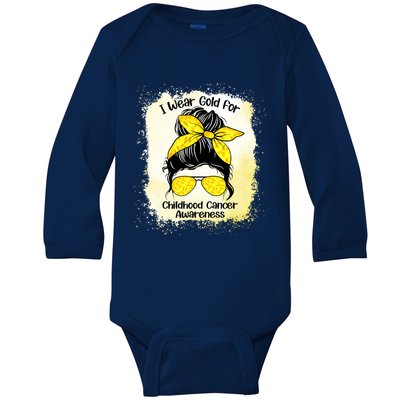 I Wear Gold For Childhood Cancer Awareness Shirts Messy Bun Baby Long Sleeve Bodysuit