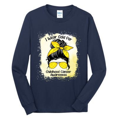 I Wear Gold For Childhood Cancer Awareness Shirts Messy Bun Tall Long Sleeve T-Shirt