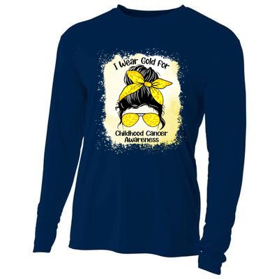 I Wear Gold For Childhood Cancer Awareness Shirts Messy Bun Cooling Performance Long Sleeve Crew