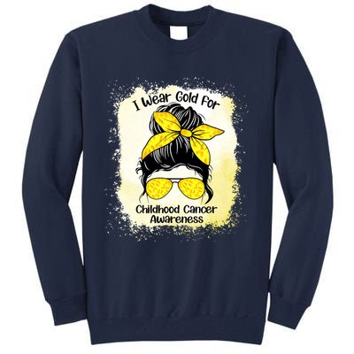 I Wear Gold For Childhood Cancer Awareness Shirts Messy Bun Tall Sweatshirt