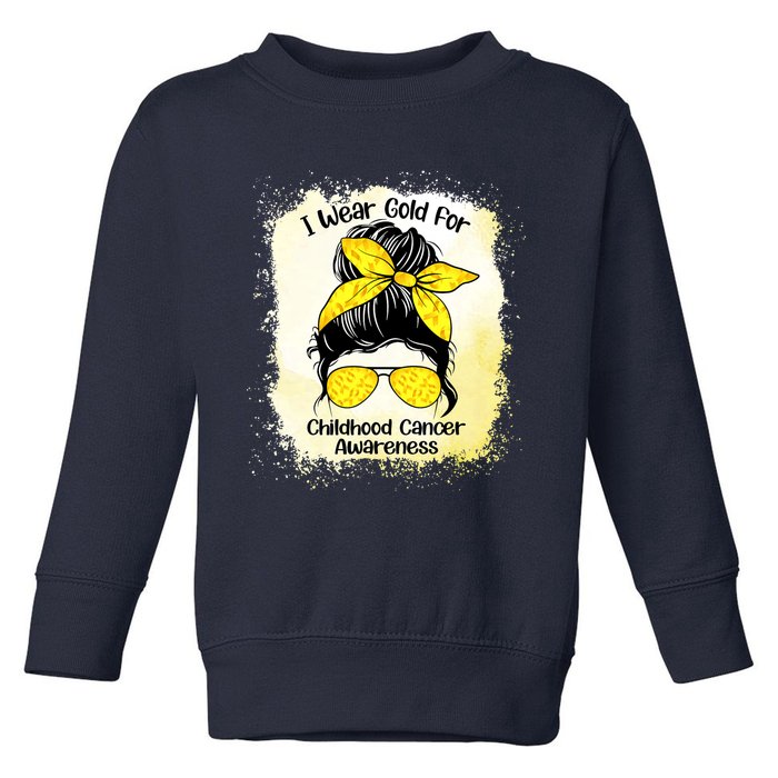 I Wear Gold For Childhood Cancer Awareness Shirts Messy Bun Toddler Sweatshirt