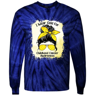 I Wear Gold For Childhood Cancer Awareness Shirts Messy Bun Tie-Dye Long Sleeve Shirt