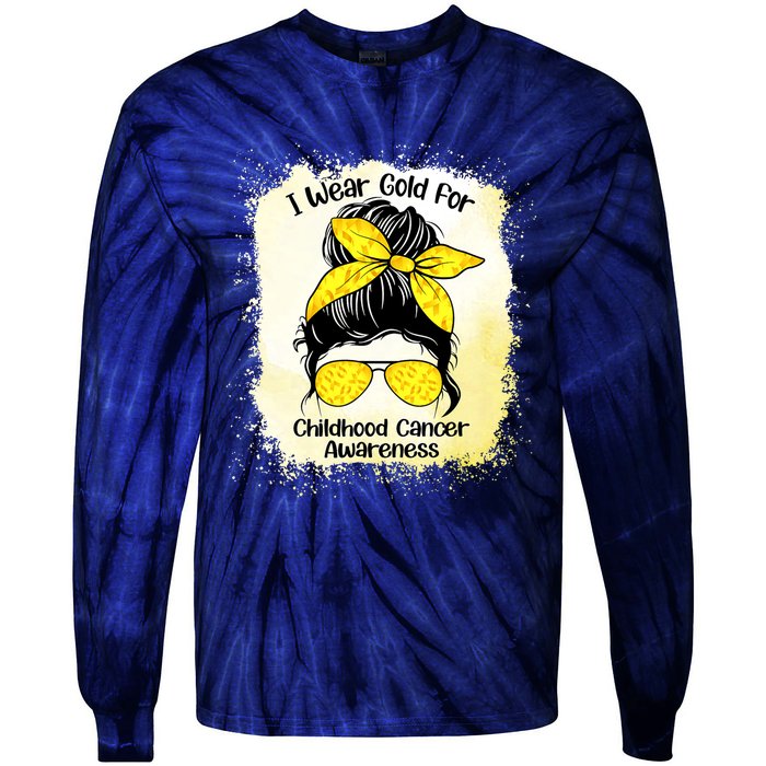 I Wear Gold For Childhood Cancer Awareness Shirts Messy Bun Tie-Dye Long Sleeve Shirt