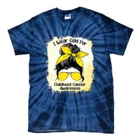 I Wear Gold For Childhood Cancer Awareness Shirts Messy Bun Tie-Dye T-Shirt