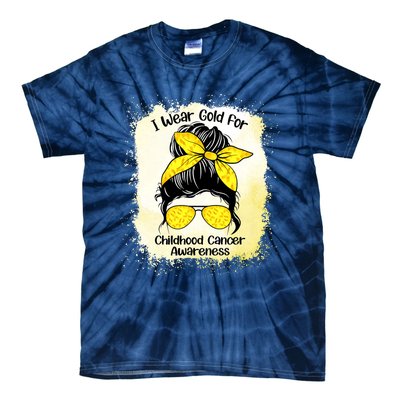 I Wear Gold For Childhood Cancer Awareness Shirts Messy Bun Tie-Dye T-Shirt